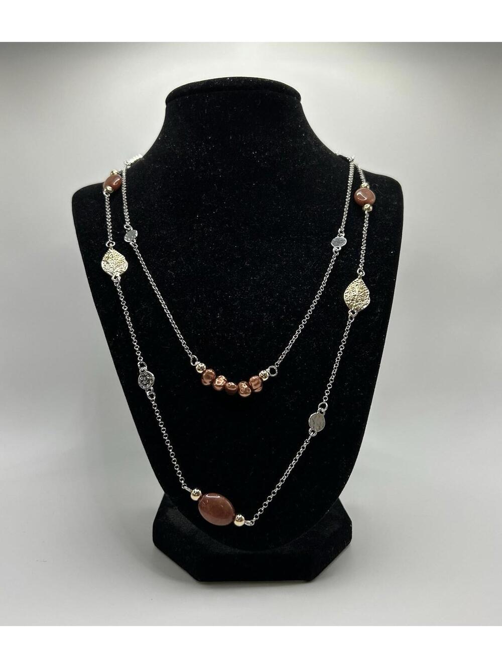 Christopher & Banks Brown, Silver  & Gold Long Mixed Bead Necklace (One Size)